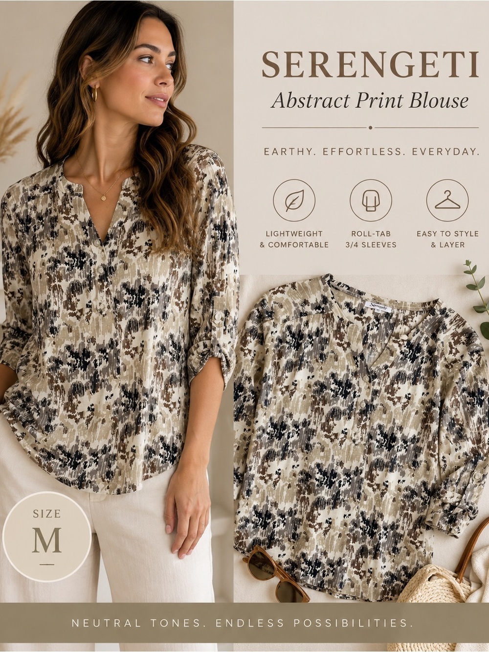 Serengeti Abstract Print Henley Blouse Top Cream Brown Black Size M